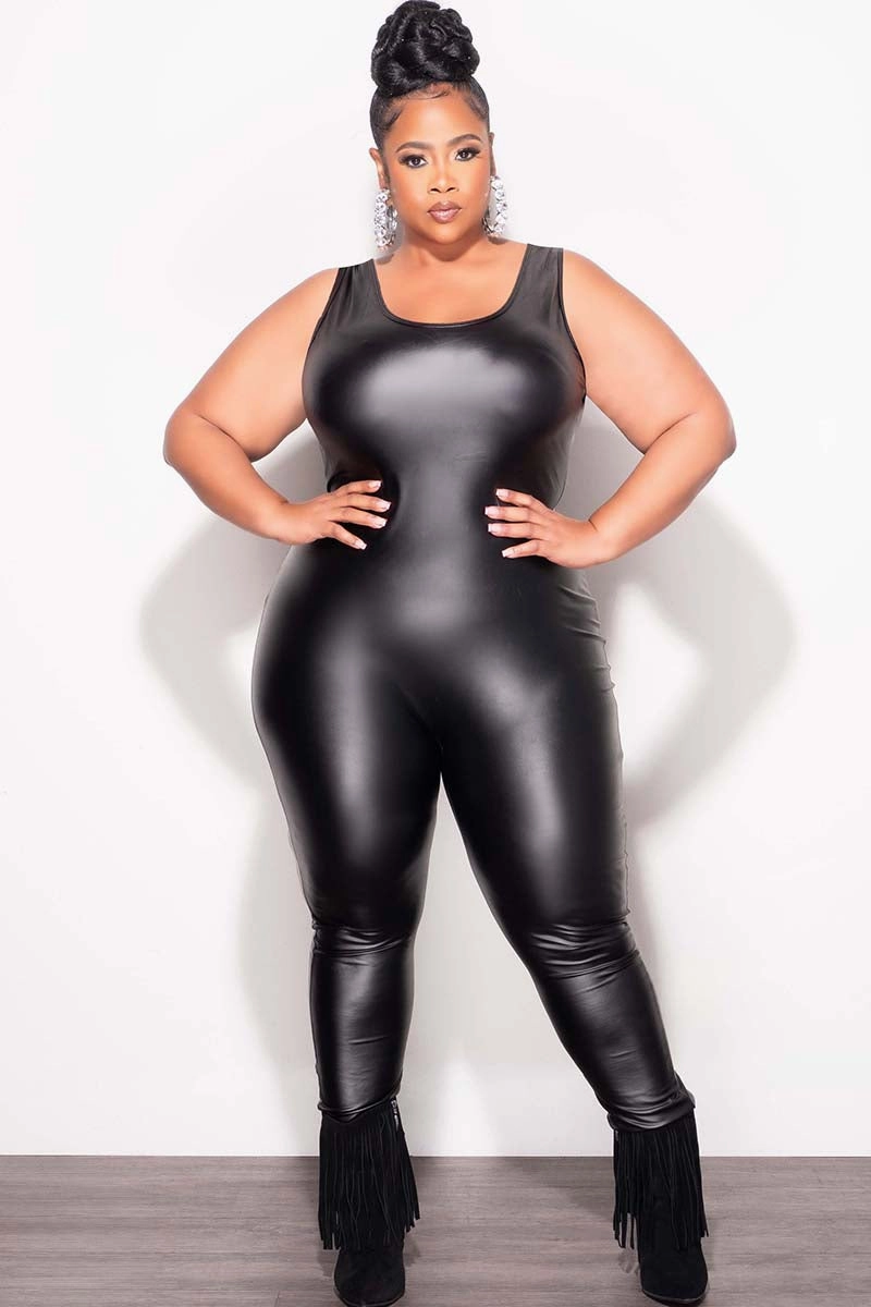 Casual Layer Core Fit Design Final Sale Plus Size Vegan Leather Tank Jumpsuit in Black