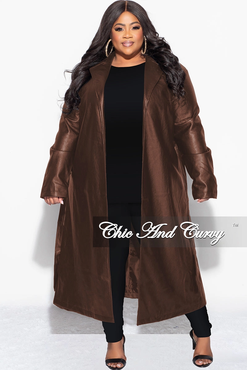 Final Sale Plus Size Vegan Leather Trench Coat with Tie in  Brown Breathable Motion