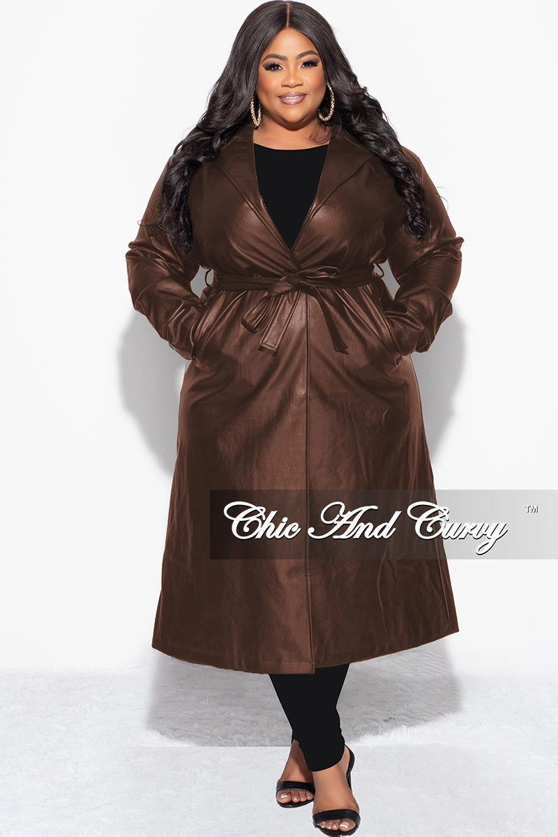 Distressed finish Final Sale Plus Size Vegan Leather Trench Coat with Tie in  Brown