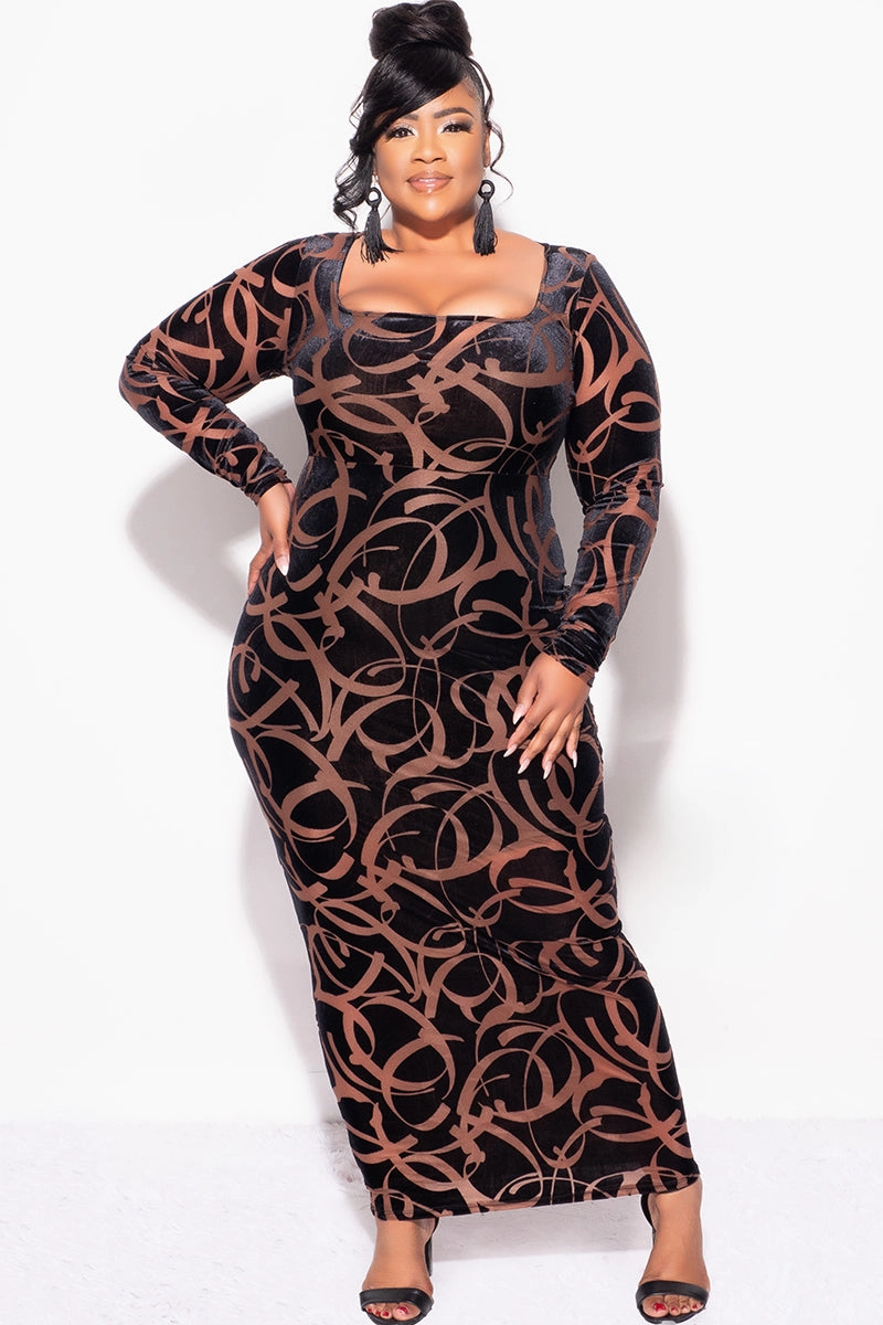 Anti Friction Lining Final Sale Plus Size Velour Sheer Mesh Panel Dress in Brown and Black