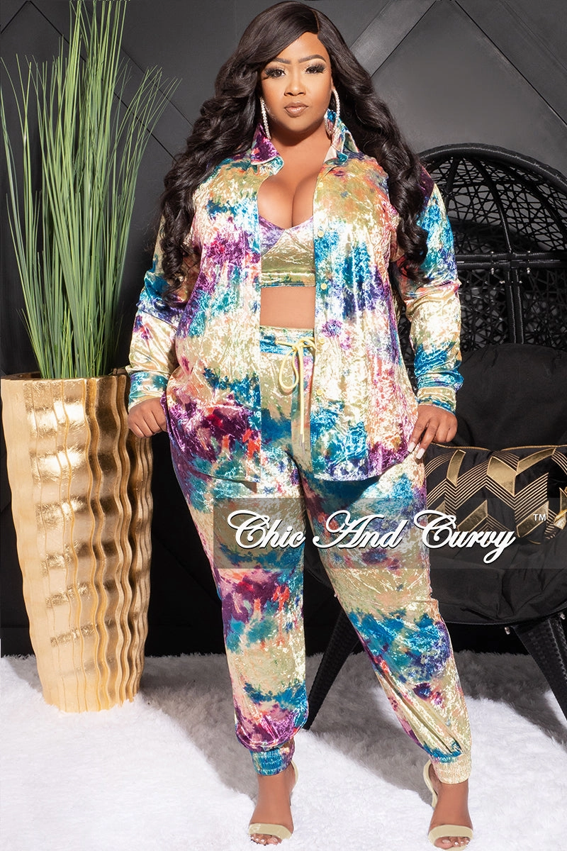Final Sale Plus Size Velvet 3pc (Button Up Collar Top, Crop Bra Top & Pants) Set in Multi Color Print Sustainable Material Blend Twill Weave Texture
