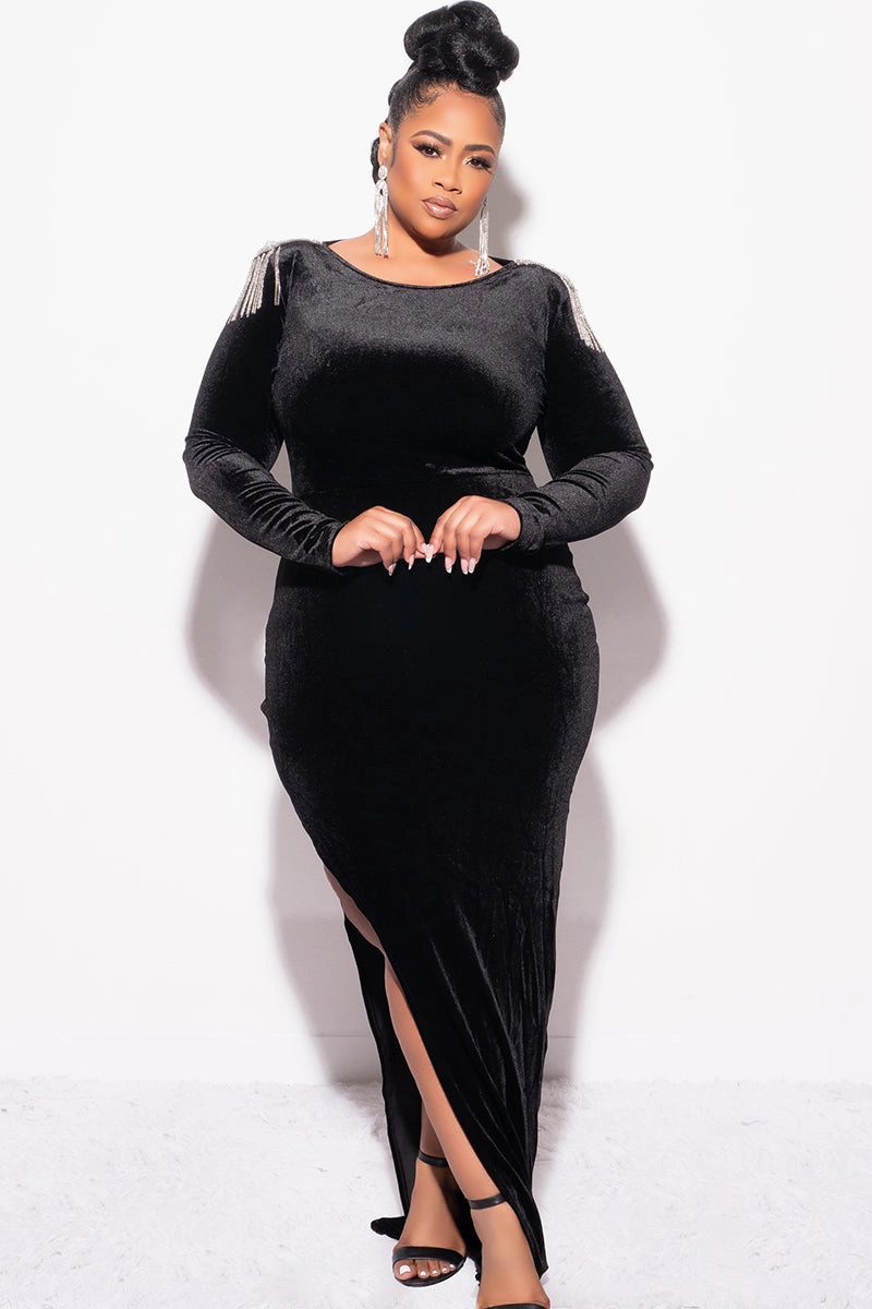 Final Sale Plus Size Velvet Dress Gown with Fringe Rhinestone Shoulders and Side Slit in Black Soft Design Flat waistband