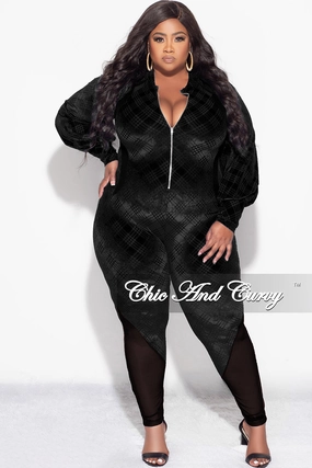 Slim Look Final Sale Plus Size Velvet Mesh Contrast Zip-Up Jumpsuit in Black