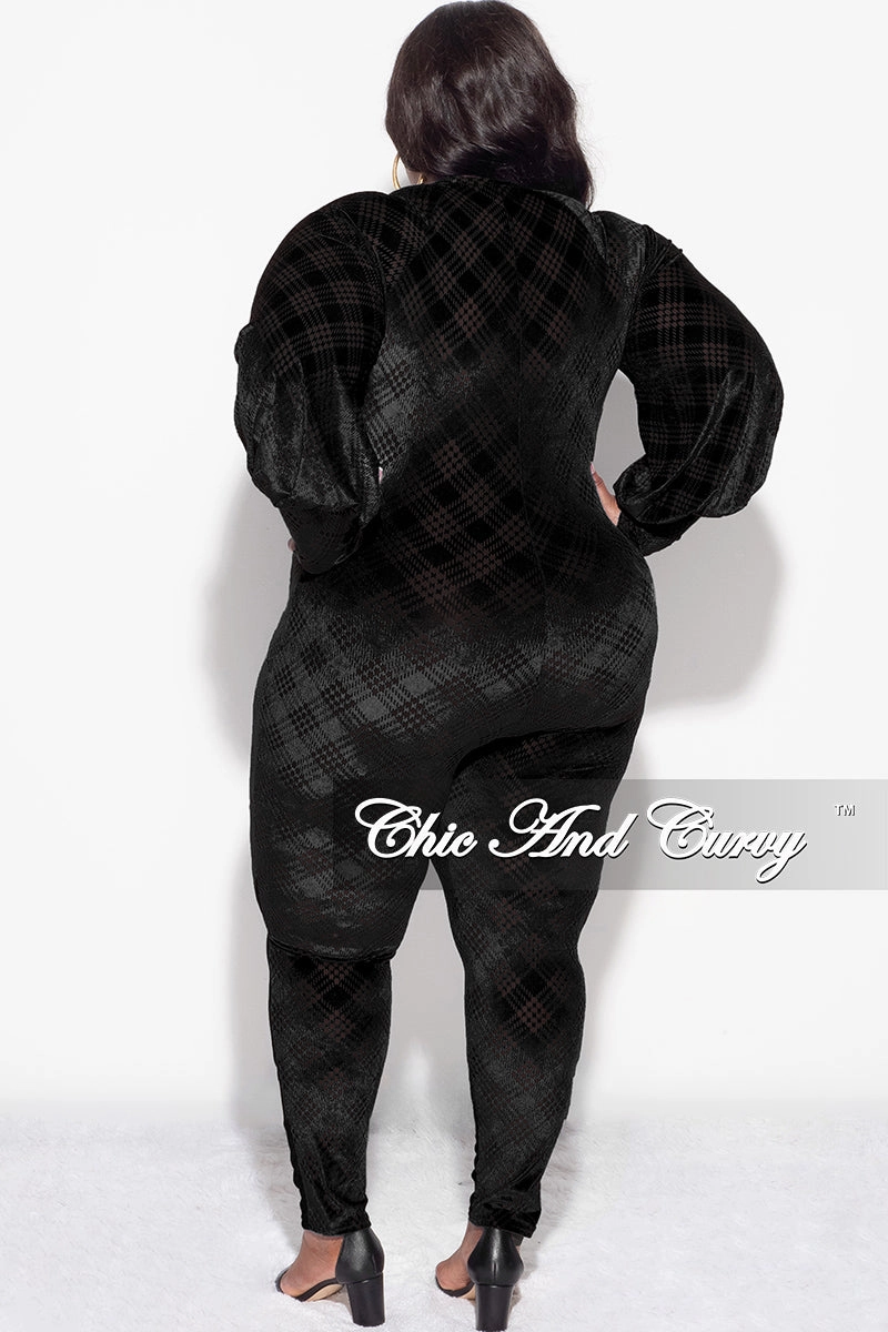 Final Sale Plus Size Velvet Mesh Contrast Zip-Up Jumpsuit in Black Perfectly Relaxed