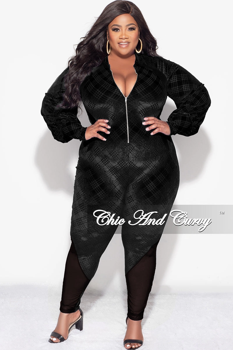 Final Sale Plus Size Velvet Mesh Contrast Zip-Up Jumpsuit in Black Day Hike Chilly Day Comfort