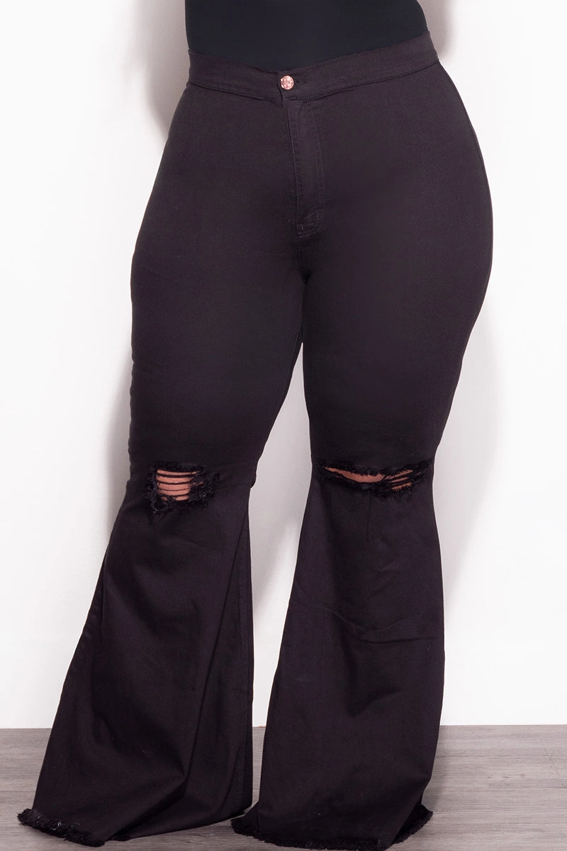 Final Sale Plus Size Wide Leg Denim Jeans with Distressed Knee in Black Relaxed Fit Design On The Move