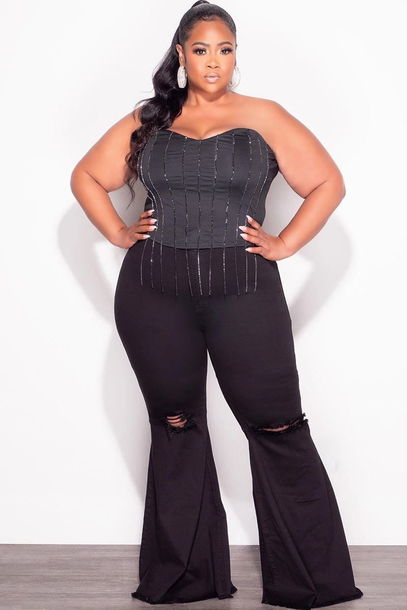 Final Sale Plus Size Wide Leg Denim Jeans with Distressed Knee in Black Casual Chic Look ReflectiveAccentDetails