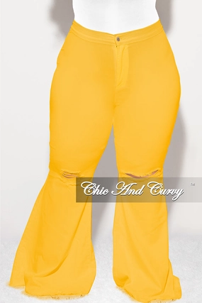 Final Sale Plus Size Wide Leg Denim Jeans with Distressed Knee in Mustard Yellow Comfortable Style