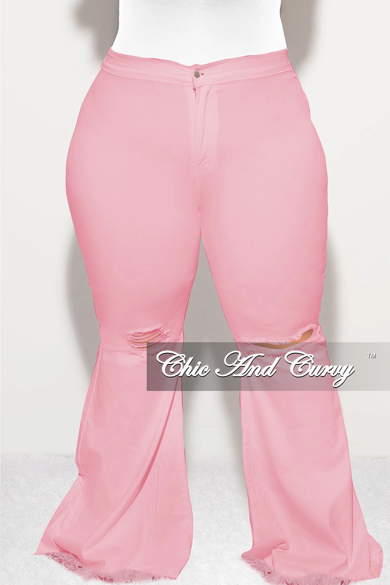 Feminine Cut Final Sale Plus Size Wide Leg Denim Jeans with Distressed Knee in Pink