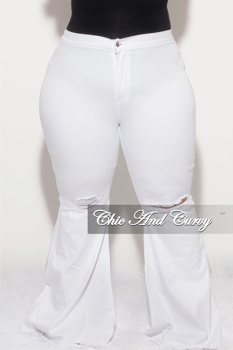 Street Active Comfort Fit Wear Final Sale Plus Size Wide Leg Distressed Knee Denim Jeans in White