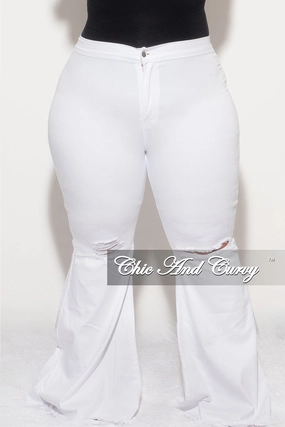 Street Active Comfort Fit Wear Final Sale Plus Size Wide Leg Distressed Knee Denim Jeans in White