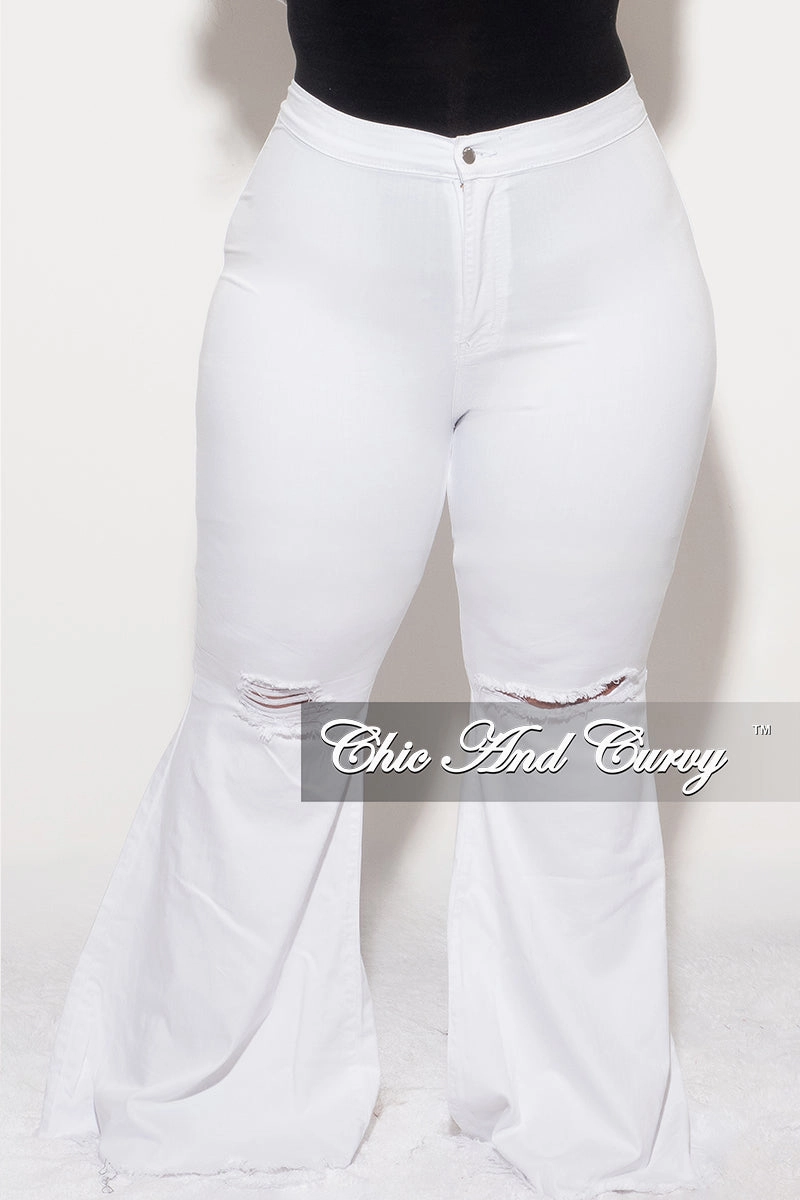 No Ride Premium Look Final Sale Plus Size Wide Leg Distressed Knee Denim Jeans in White