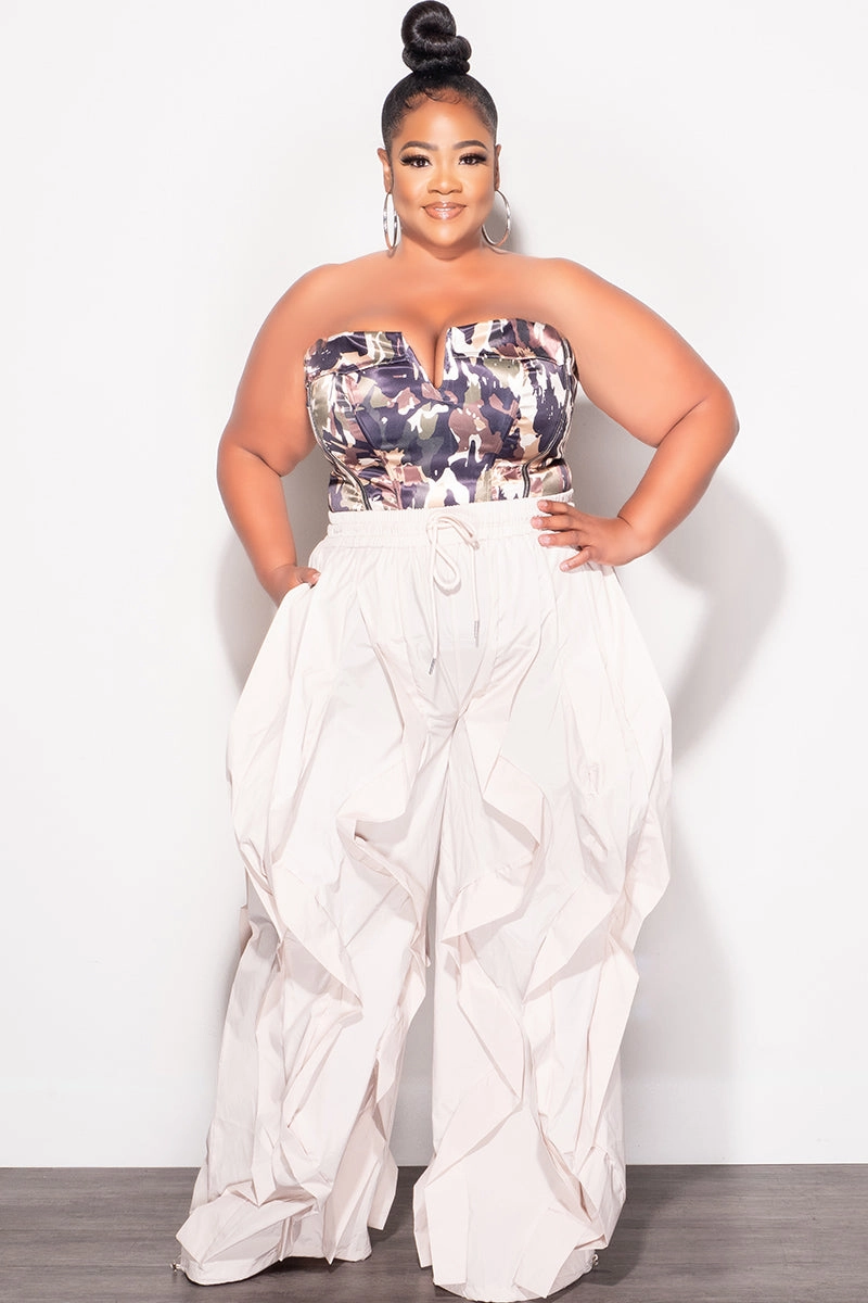 Abrasion Resistant Surface Final Sale Plus Size Wide Leg Drawstring Oversized Windbreaker Wavy Pants in Tan