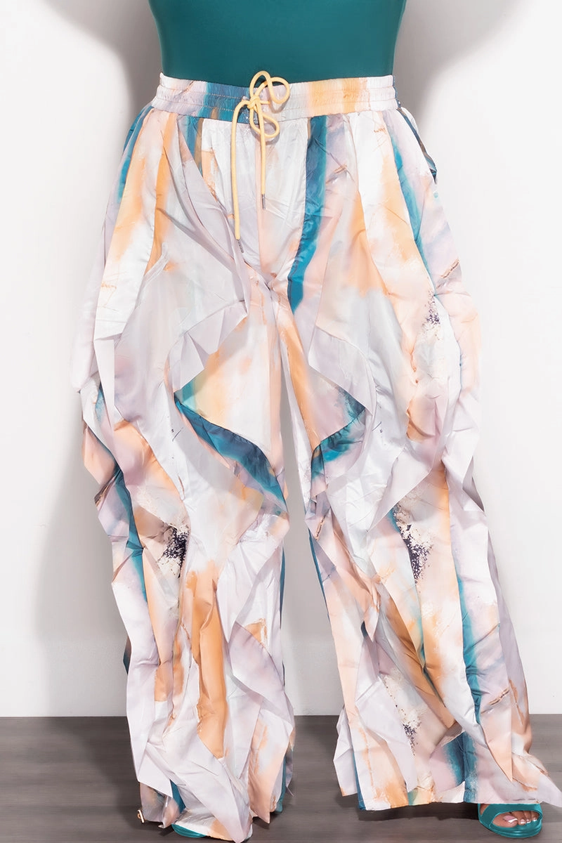 Elastic waist All-day Flex Final Sale Plus Size Wide Leg Drawstring Oversized Windbreaker Wavy Pants in White Teal and Tan Multi Color Print