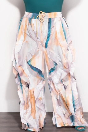 Elastic waist All-day Flex Final Sale Plus Size Wide Leg Drawstring Oversized Windbreaker Wavy Pants in White Teal and Tan Multi Color Print