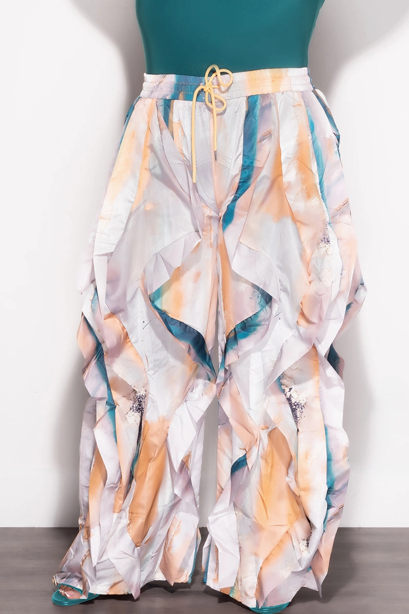 Final Sale Plus Size Wide Leg Drawstring Oversized Windbreaker Wavy Pants in White Teal and Tan Multi Color Print Water Resistant Finish Polyester fabric