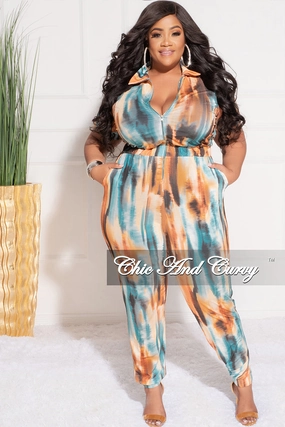 Ultra Soft Inner Layer Final Sale Plus Size Zip Pocket Jumpsuit in Orange Rust & Aqua Print