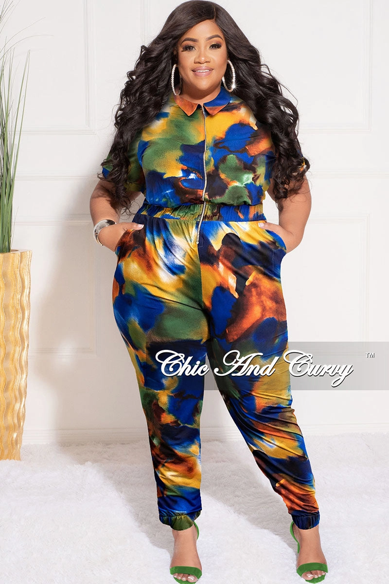 Travel Friendly Final Sale Plus Size Zip Pocket Jumpsuit in Royal Blue Multi-Color Print
