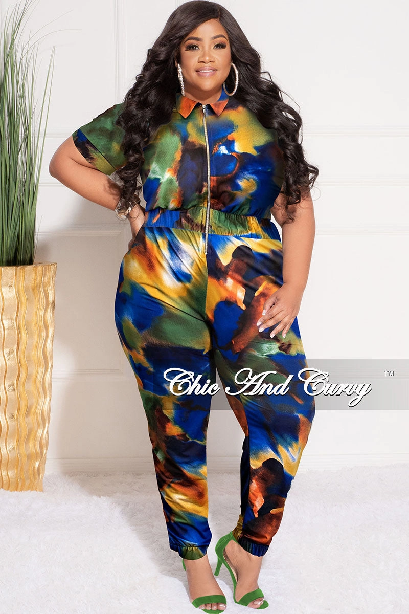 Easy Motion Comfy Essentials Wear Final Sale Plus Size Zip Pocket Jumpsuit in Royal Blue Multi-Color Print
