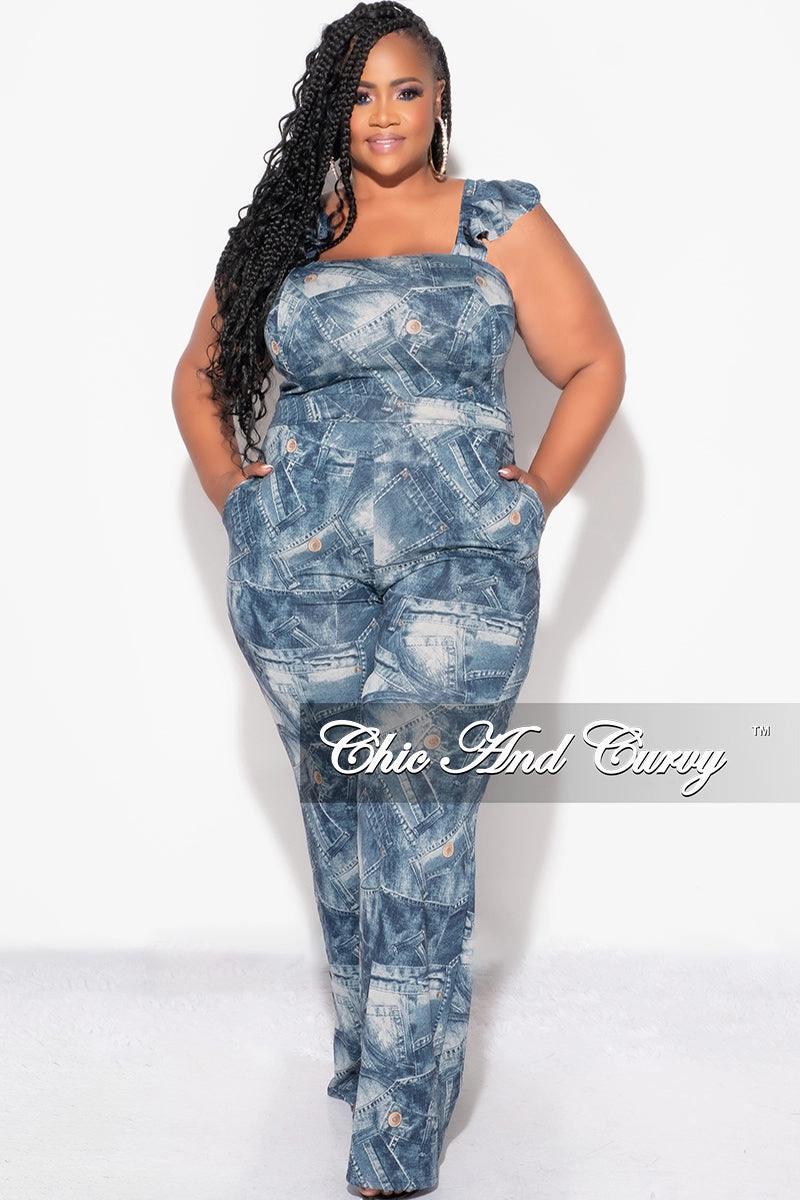 Final Sale Plus Size Zip Tie Jumpsuit in Faux Denim Print Slimline Fit Full Coverage