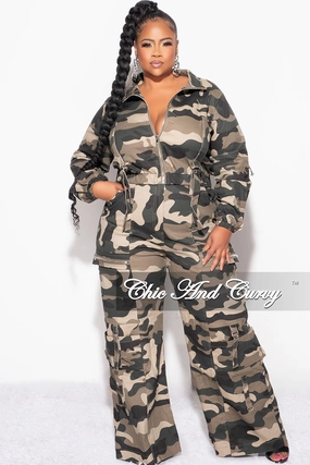 Chill Ready Day Comfort Final Sale Plus Size Zip Up Crop Cargo Jacket & Pants Set in Camouflage Print