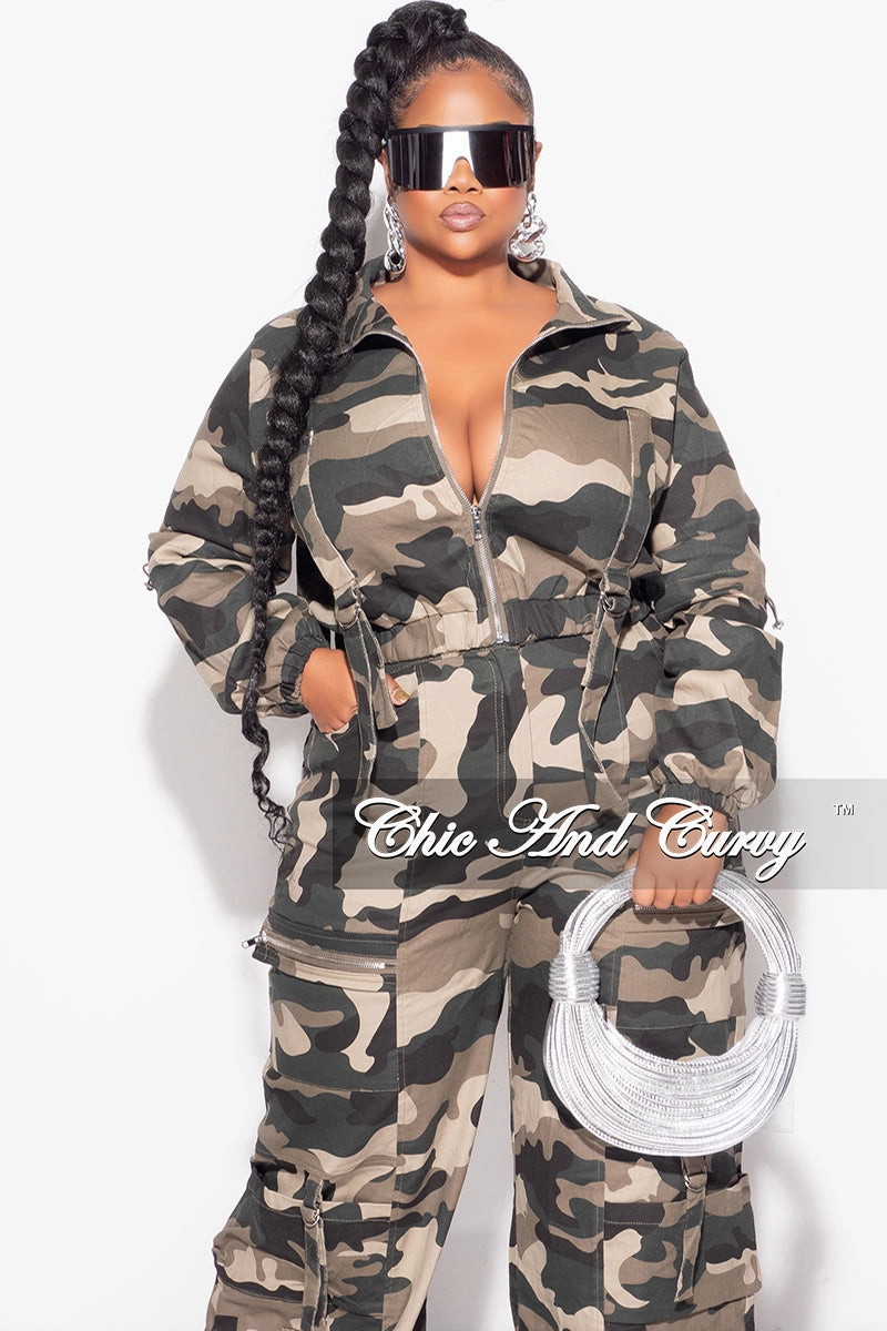 Premium Quality Casual Vibe Final Sale Plus Size Zip Up Crop Cargo Jacket & Pants Set in Camouflage Print