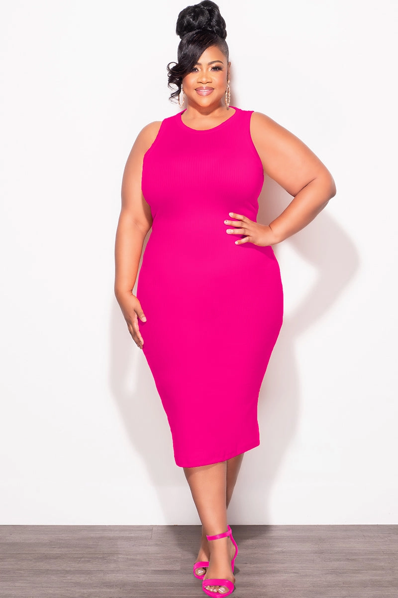 Final Sale Plus Sleeveless Ribbed Midi BodyCon Dress in Pink Non-Binding Fit