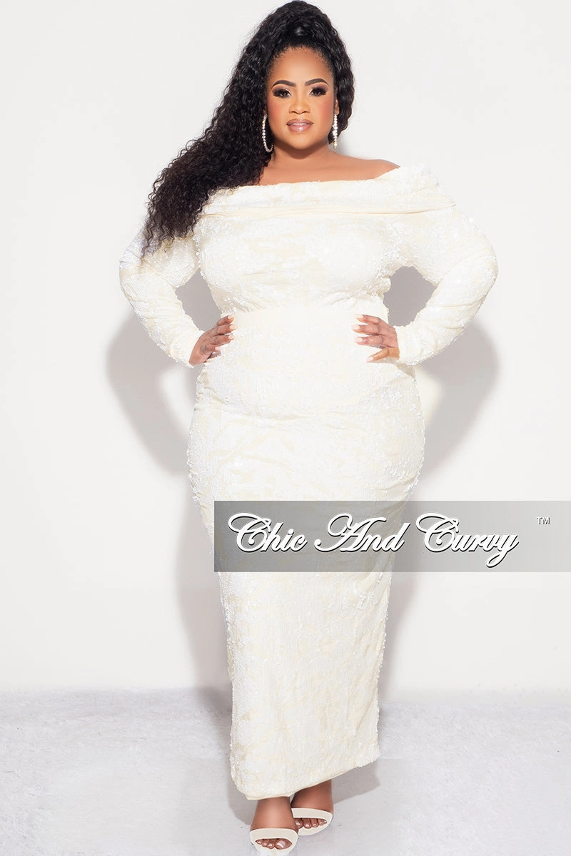 Final Sale Plus Velvet 2pc Off the Shoulder Sequin BodySuit and Skirt Set in Ivory Functional Fit