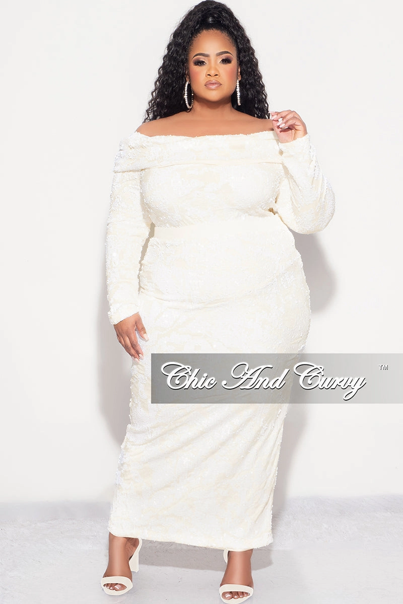 Stylish Cut All Season Fit Final Sale Plus Velvet 2pc Off the Shoulder Sequin BodySuit and Skirt Set in Ivory