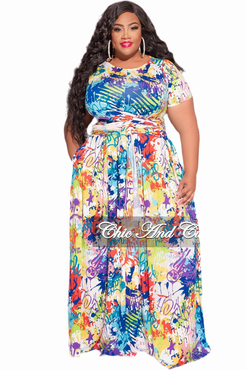 No Gap Waist Construction Stretchable Final Sale Size 2pc Tie Top Maxi Skirt Set in Multi-Color Graffiti Print