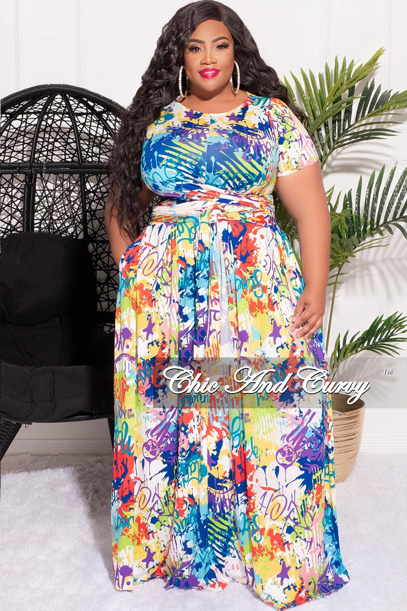 Feminine Cut Stretchy Waist Final Sale Size 2pc Tie Top Maxi Skirt Set in Multi-Color Graffiti Print