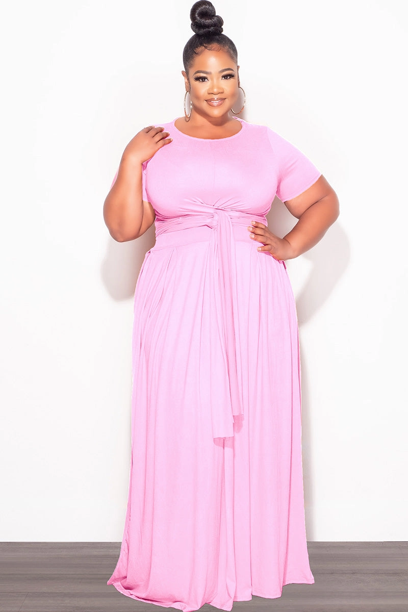 Final Sale Size 2pc Tie Top Maxi Skirt Set in Soft Light Pink Casual Performance Fit Casual Wear