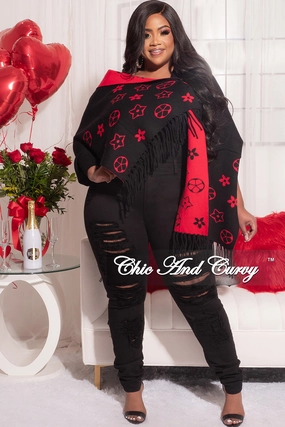 Final Sale Striped Poncho Shaw in Black and Red Design Print Neutral Style