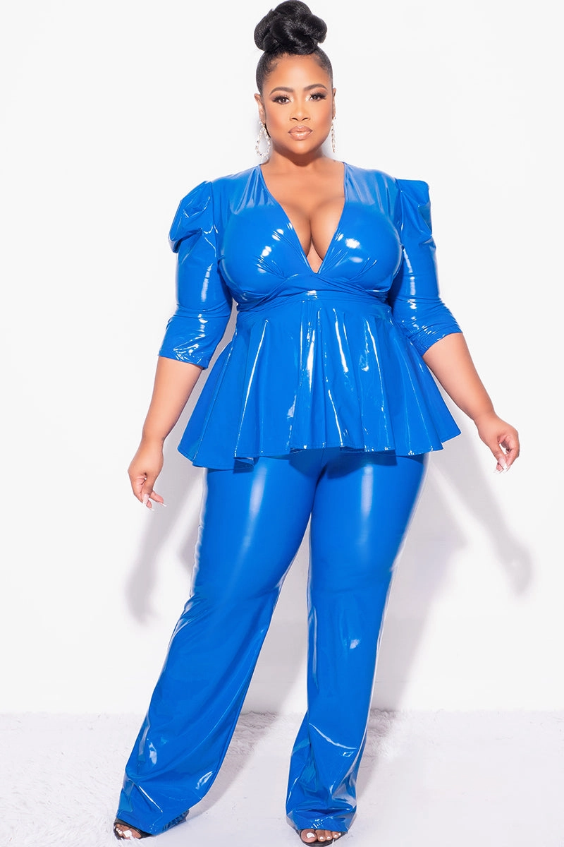 Core Fit Design Final Sales Plus Size 2-Piece Latex Peplum Top and Pants Set in Royal Blue