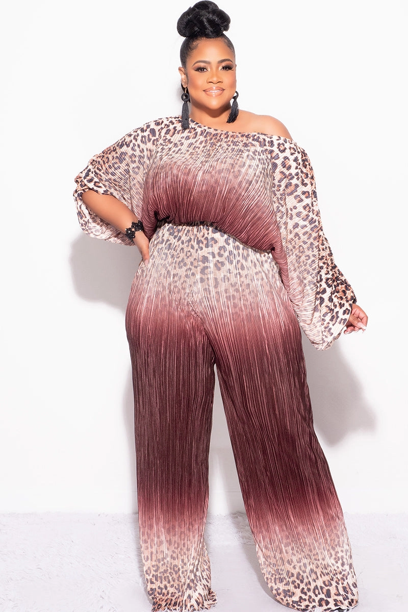 Light Coverage Final Size 2pc Pleated Off the Shoulder ColorBlock Top and Pants Set in Animal Print and Brown