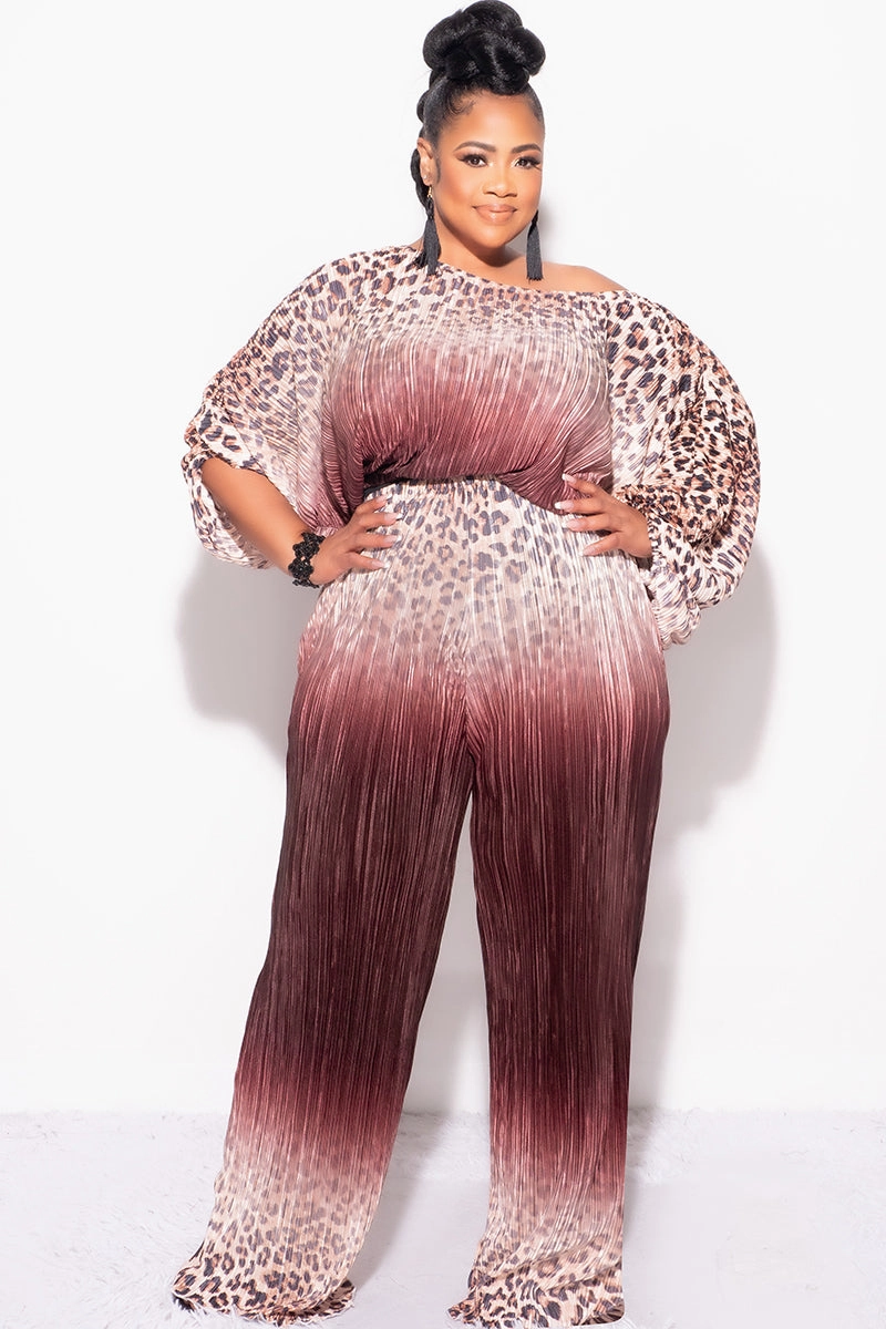 Final Size 2pc Pleated Off the Shoulder ColorBlock Top and Pants Set in Animal Print and Brown Comfy Cut