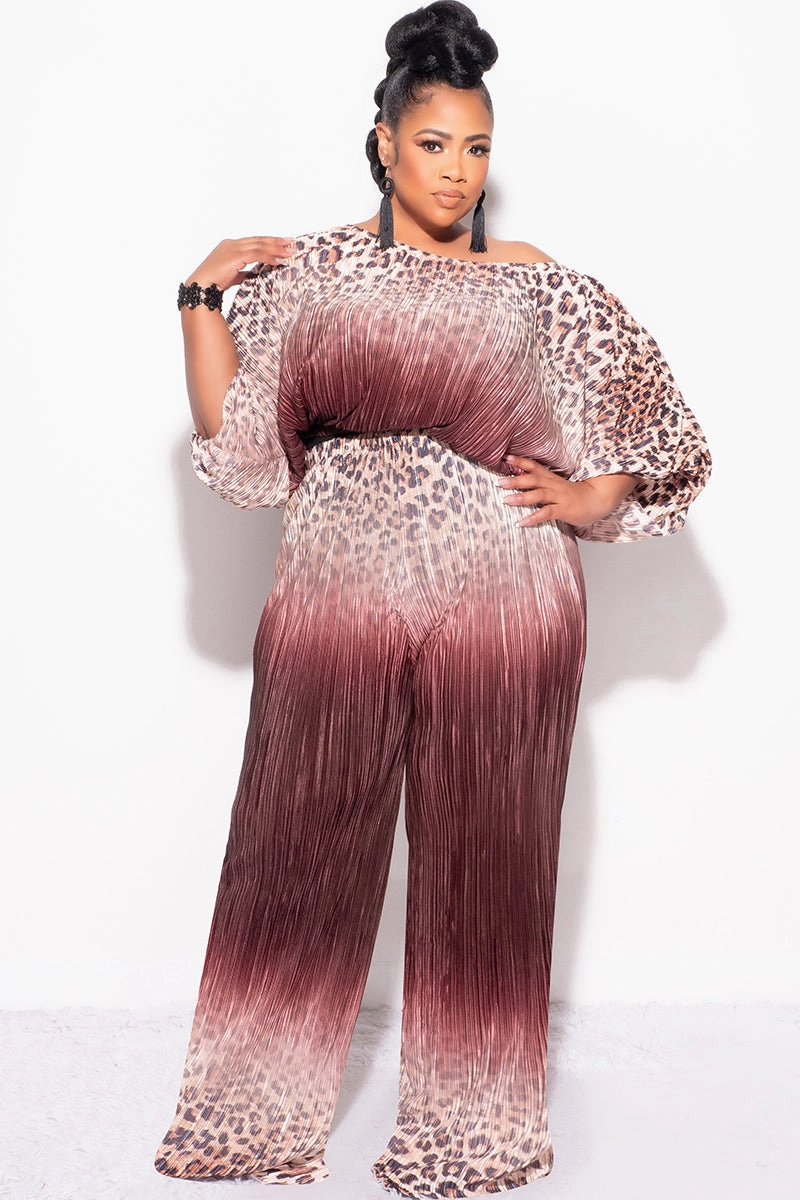 Comfortable Fit Look Final Size 2pc Pleated Off the Shoulder ColorBlock Top and Pants Set in Animal Print and Brown