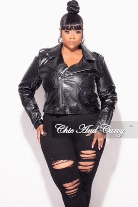 Final Sale Plus Size Heavy Crocodile Cropped & Belted Vegan Leather Jacket in Black Versatile staple