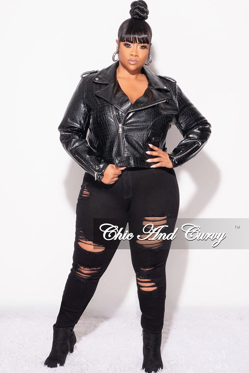 Feminine Cut Relaxed Design Final Sale Plus Size Heavy Crocodile Cropped & Belted Vegan Leather Jacket in Black
