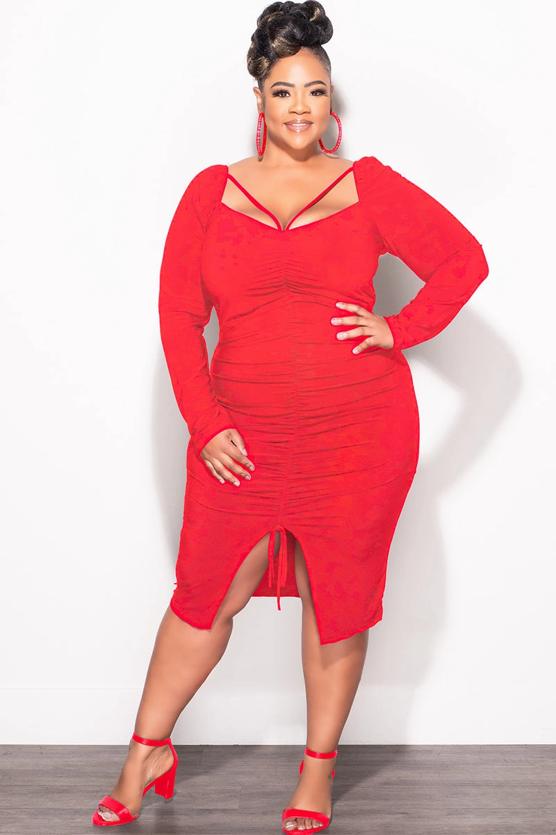 Final Sale Plus Size Long Sleeve Cutout Ruched BodyCon Dress with Front Slit in Red Stretchy Material Mesh Panel