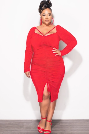 smooth zipper Weekend Wear Final Sale Plus Size Long Sleeve Cutout Ruched BodyCon Dress with Front Slit in Red