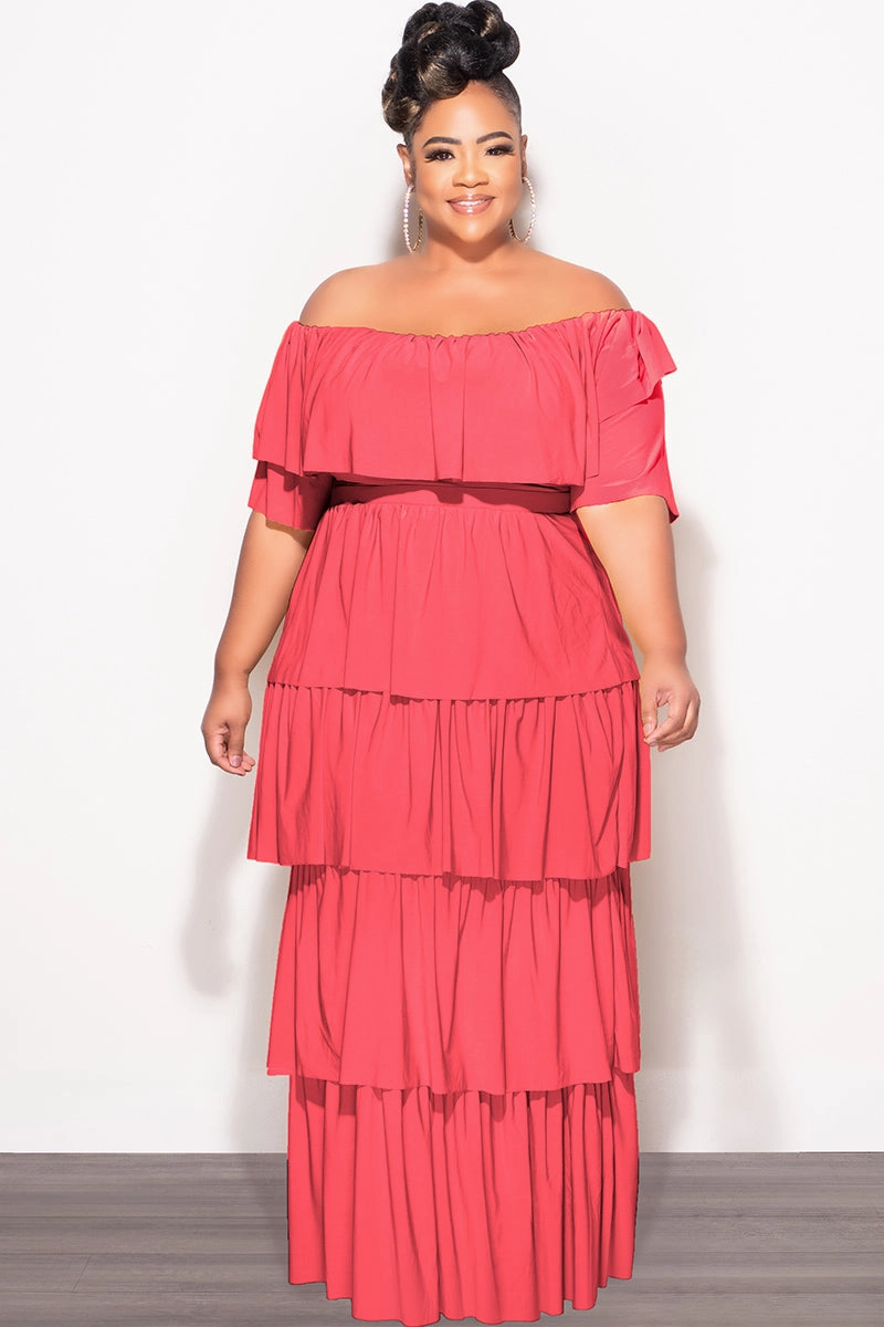 Final Sale Plus Size 2pc Ruffle Tiered Off the Shoulder Crop Top Maxi Skirt Set in Coral Dynamic Flex Panels Anti Static Lining
