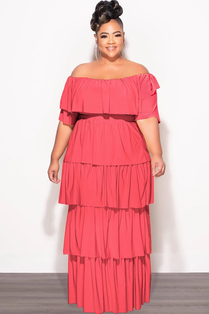 Final Sale Plus Size 2pc Ruffle Tiered Off the Shoulder Crop Top Maxi Skirt Set in Coral Performance Support