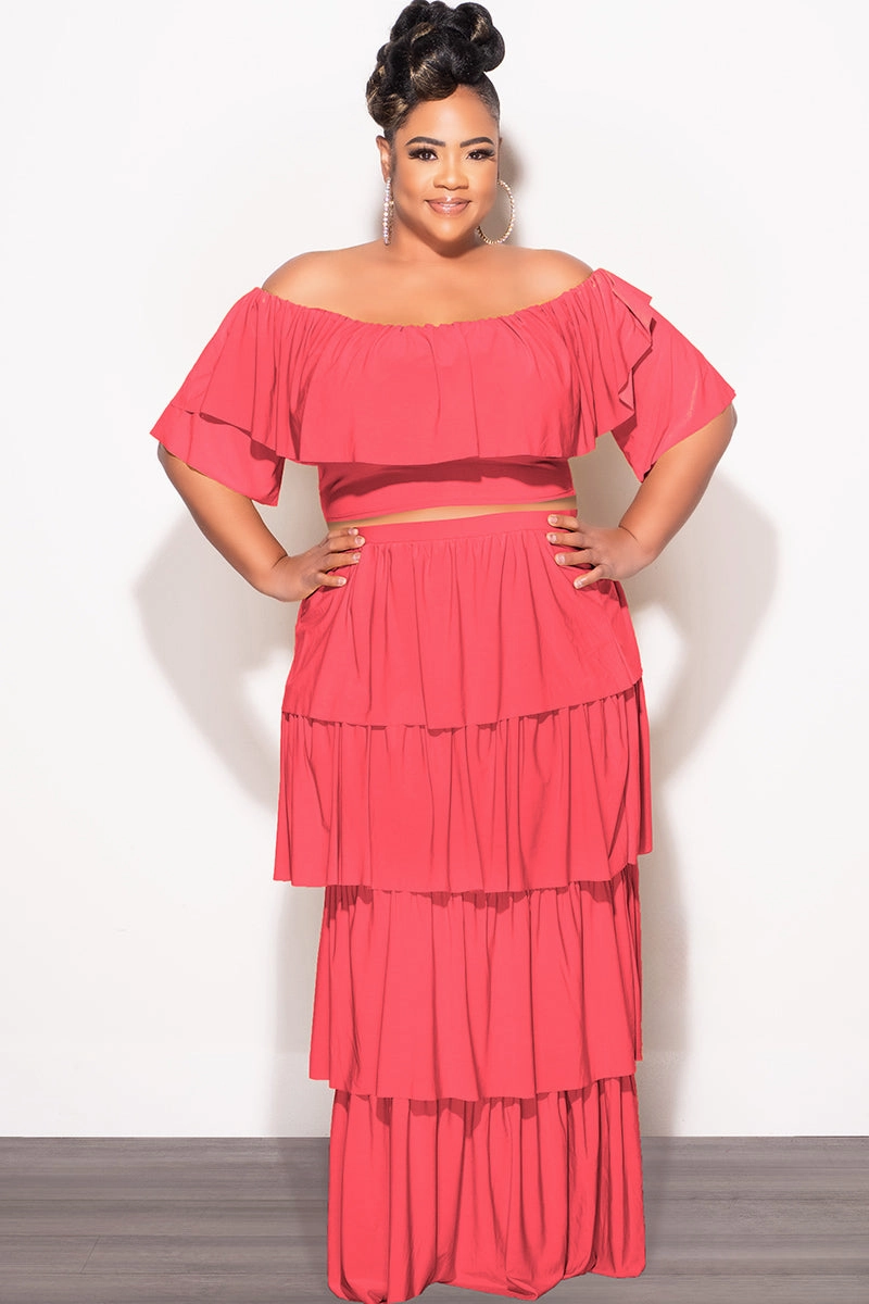 Rest Easy Sport Ready Final Sale Plus Size 2pc Ruffle Tiered Off the Shoulder Crop Top Maxi Skirt Set in Coral