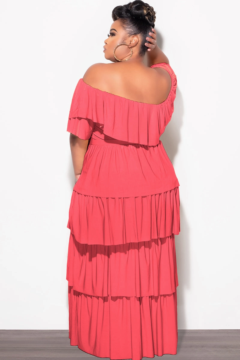 Active Appeal Final Sale Plus Size 2pc Ruffle Tiered Off the Shoulder Crop Top Maxi Skirt Set in Coral