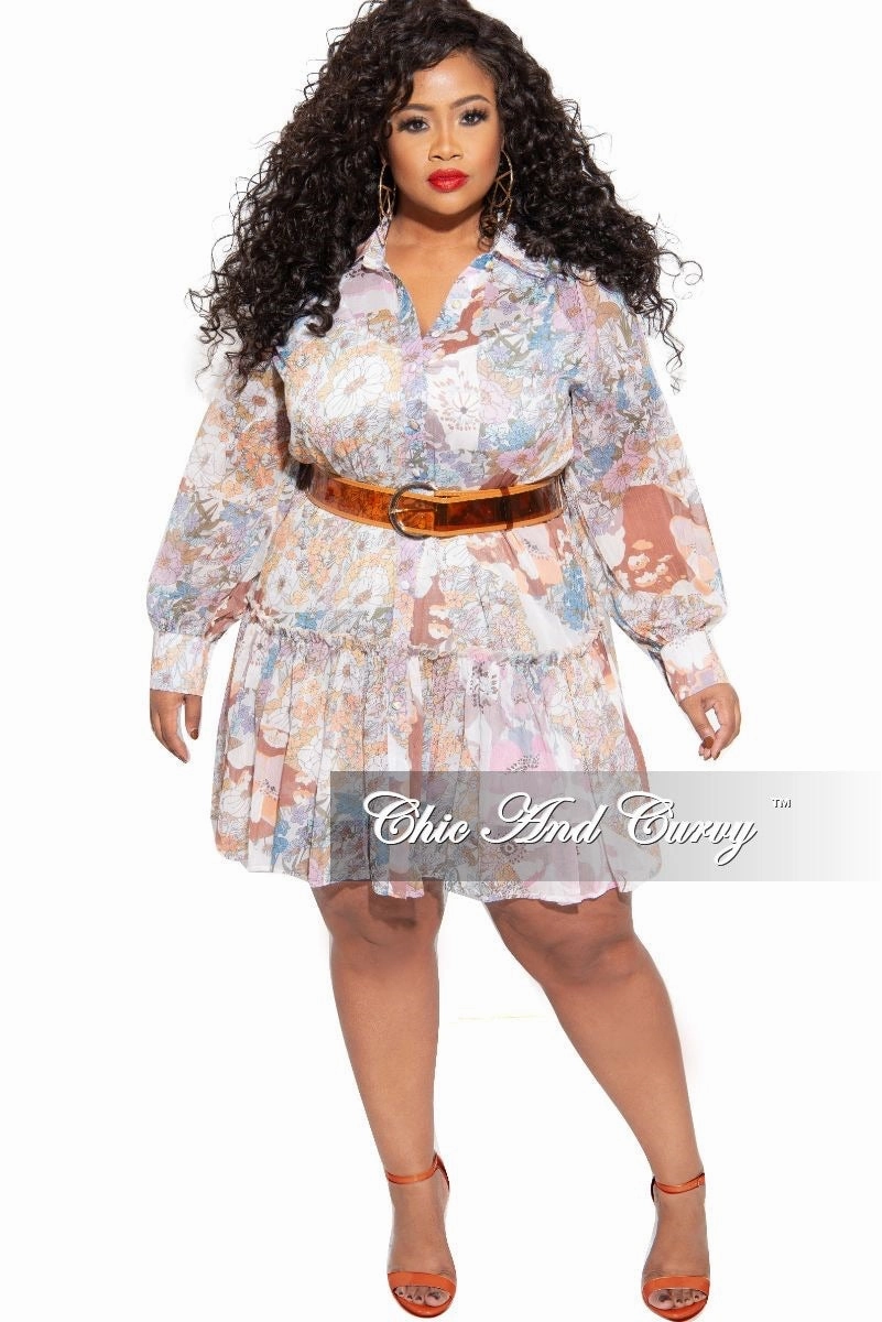 FadeResistant Final Sale Plus Size Babydoll Dress Floral Print with Camel Belt