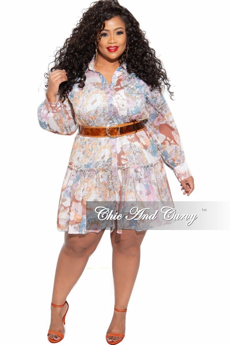 Quick Layering Cozy Stretch Final Sale Plus Size Babydoll Dress Floral Print with Camel Belt