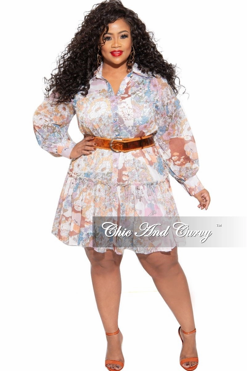 Final Sale Plus Size Babydoll Dress Floral Print with Camel Belt Wind Resistance