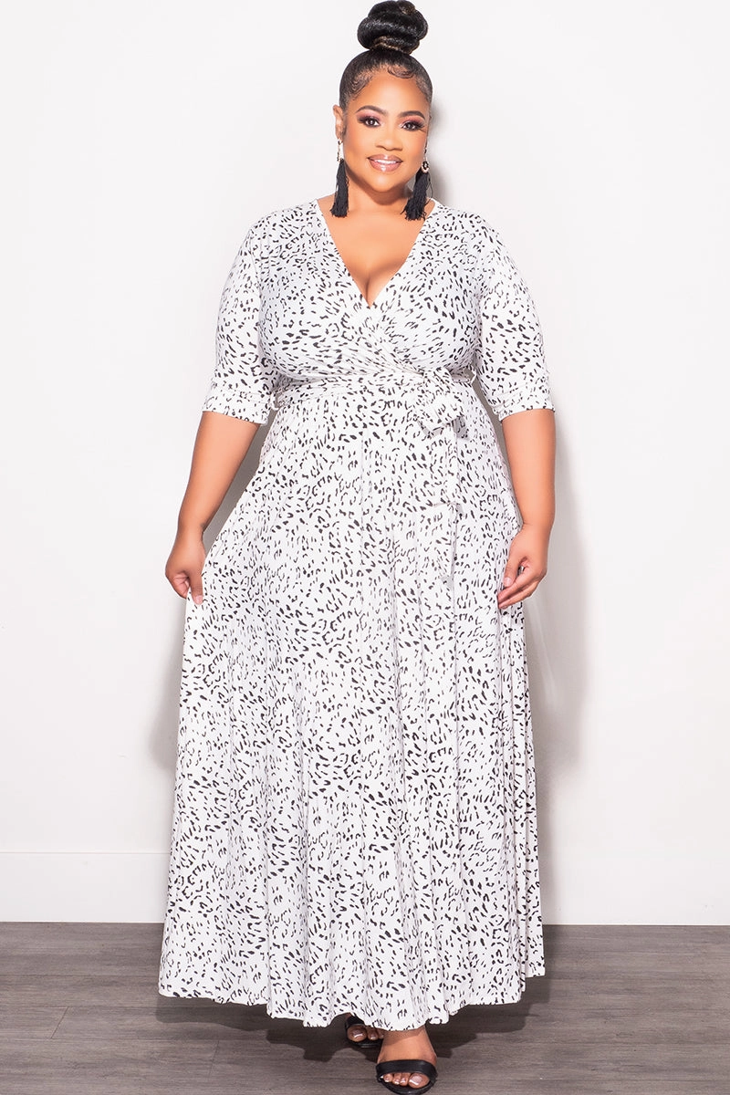 Final Sale Plus Size Deep V Faux Wrap Dress with 3/4 Sleeves in Black and White Animal Print Day Comfort