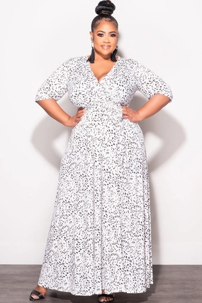 Reflective accents Final Sale Plus Size Deep V Faux Wrap Dress with 3/4 Sleeves in Black and White Animal Print